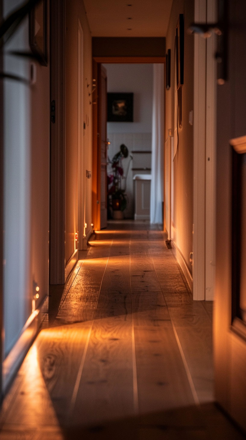Warm LED floor lighting along a Devon home hallway corridor