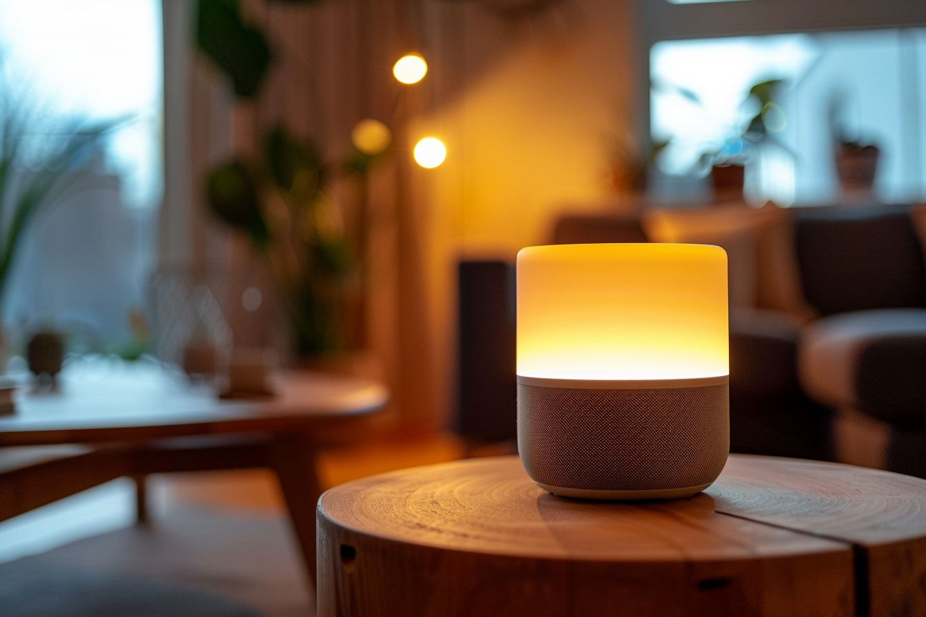 Smart home speaker glowing amber controlling automated lighting in a living room