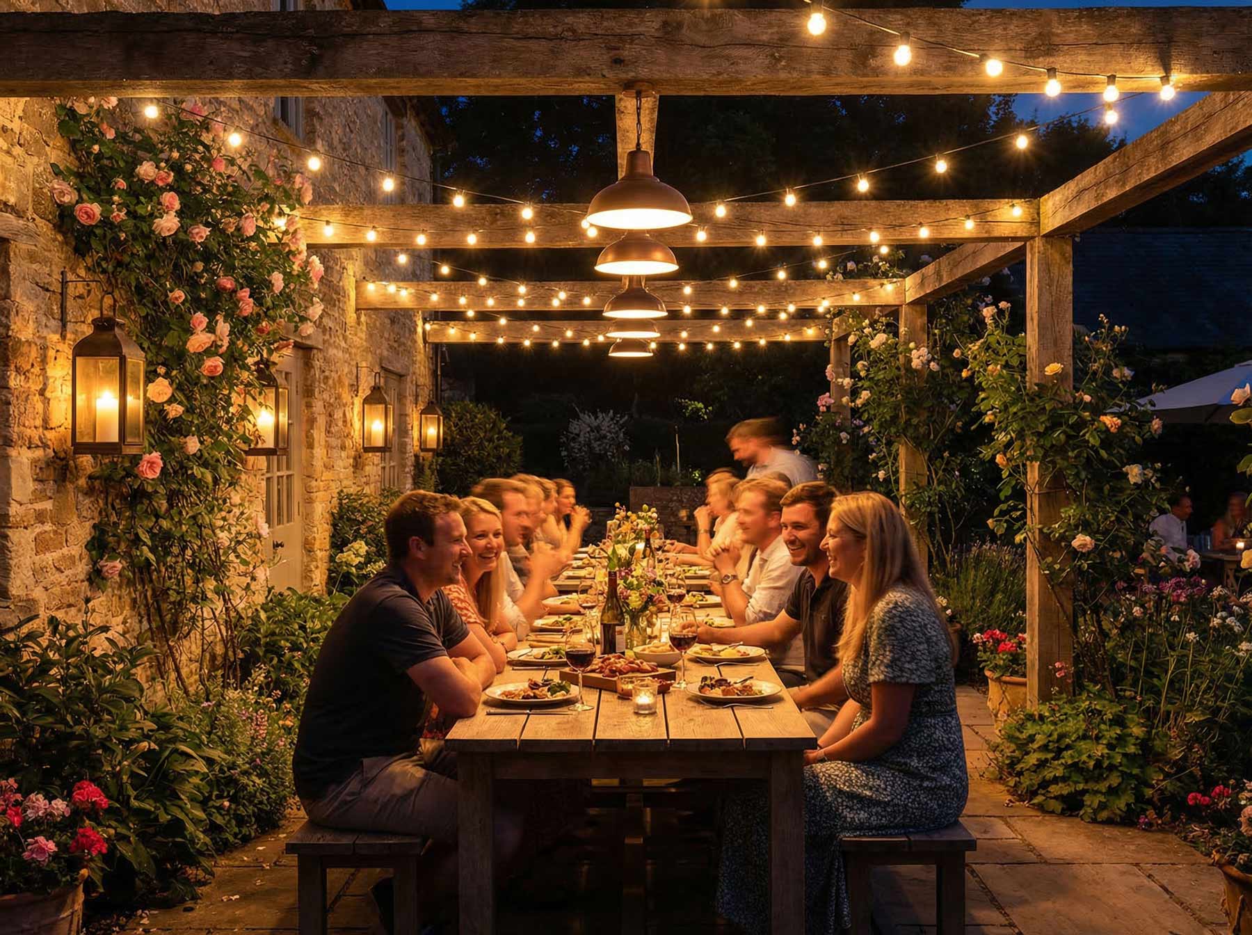 Guests enjoying outdoor dining under warm string lights and pendant lamps in an English garden