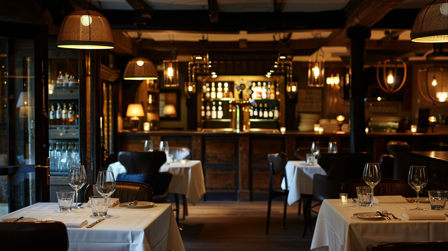 Warm atmospheric pendant lighting in a rural Devon restaurant with white tablecloths