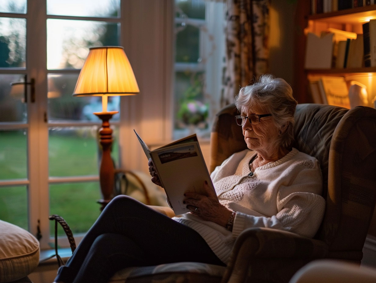 An older woman reading peacefully in a warmly lit Devon living room with smart ambient lighting